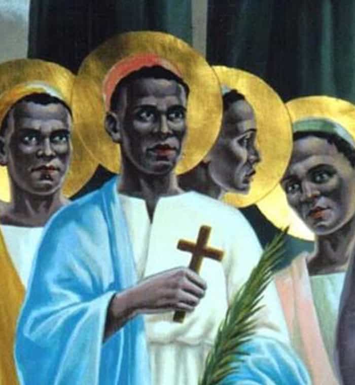 After World Mission Sunday Mass at St. Ferdinand Church, pastor Father Jason Torba and Cardinal Blase Cupich greet the congregation, including all those who do mission in Chicago. (Julie Jaidinger, Chicago Catholic/U.S.)