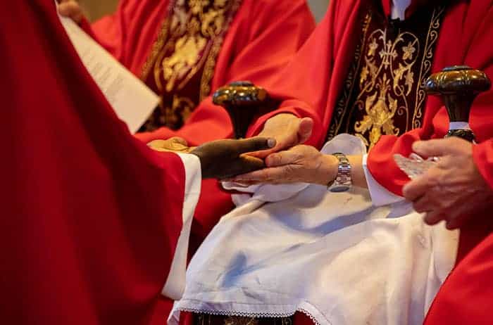 El cardenal Tagle bendice las manos del recién ordenado Padre John Siyumbu como parte del rito de ordenación. (Octavio Durán/EE.UU.)