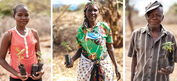 Residentes sostienen retoños de árboles de mukau resistentes a la sequía como parte de un proyecto de la Misión San Juan Bautista cerca de Kibwezi para plantar arboledas de mukau. Estos árboles nativos, que prosperan en tierras áridas, proporcionarán sombra, ayudarán con la retención de agua y suelo, y proporcionarán madera para venta y proyectos de construcción. (Gregg Brekke/Kenya)