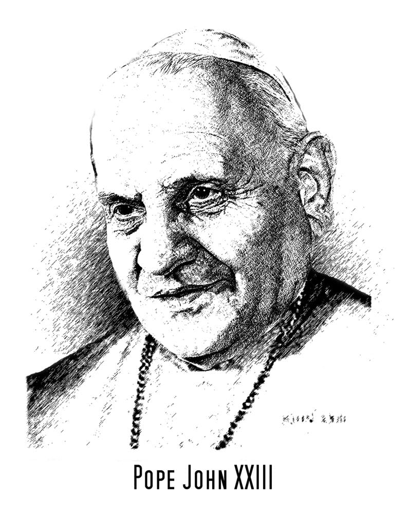 El Papa Juan XXIII— Ilustrado por el Padre jesuita Henry C. Ponce, quien fue alumno del Padre Maryknoll James H. Kroeger, autor de este artículo. (Cortesía de Henry C. Ponce)