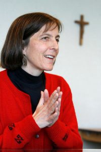 Heidi Ann Cerneka, a U.S. Maryknoll lay missionary who works with the Brazilian bishops' Prison Pastoral Office, gestures during a Feb. 28 interview with a Catholic News Service reporter in Washington. On March 1 Cerneka gave testimony on conditions in Brazilian prisons for women to the Inter-American Commission on Human Rights in Washington. (CNS/Bob Roller)