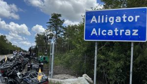 Las motocicletas del arzobispo Thomas G. Wenski de Miami y miembros de Knights on Bikes están estacionadas frente a la entrada de "Alligator Alcatraz", un centro de detención de inmigrantes a unos 88 kilómetros de Miami, en los Everglades de Florida. El arzobispo y sus compañeros motociclistas se detuvieron para rezar el rosario por los detenidos el 20 de julio de 2025. (OSV News/Arzobispo Thomas G. Wenski)