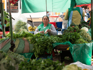 Una mujer vende verduras en un mercado al aire libre en Cochabamba, Bolivia. (Nile Sprague/Bolivia)