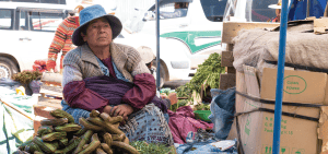 Una mujer vende vegetales en la cancha, un mercado informal en Cochabamba, Bolivia. (Nile Sprague/Bolivia