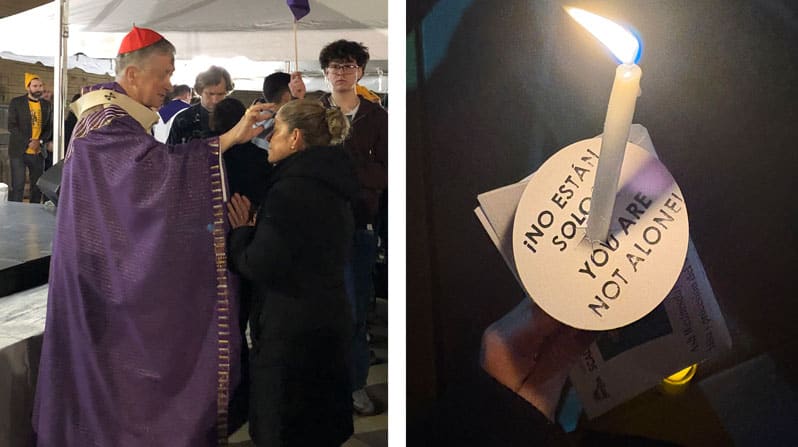 Izquierda: El Cardenal de Chicago, Blase J. Cupich, impone la ceniza a los fieles durante la<br />
Misa del Miércoles de Ceniza en Melrose Park, Illinois, el pasado 18 de febrero del 2026. ( OSV News, Simone Orendain/EE. UU.)<br />
Derecha:Fernanda y otros participantes sostenían pequeñas velas devocionales mientras<br />
caminaban en procesión alrededor de la parroquia de Nuestra Señora del Monte Carmelo. (Cortesía de Fernanda Balderrama Chavarria/EE. UU.)